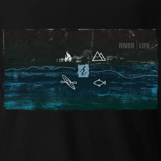 River Life – Tee Shirt | Black | by AbstractRiver. Perfect for wilderness seekers, mountain explorers and kayakers