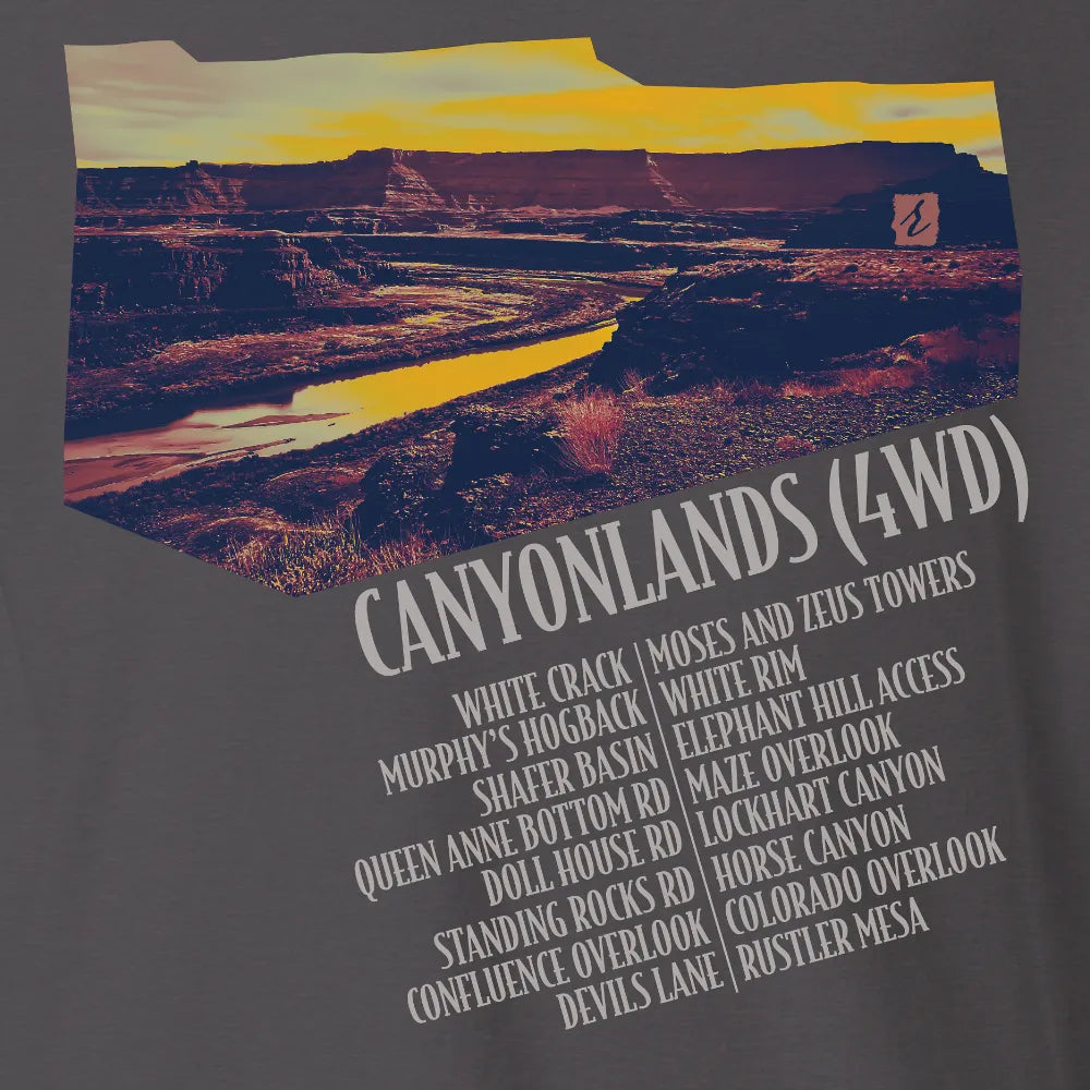 Canyonlands 4WD T-shirt | Graphite | by AbstractRiver. Perfect for White Rim canyon seclusion, desert lovers, backcountry wheelers and mountain bikers