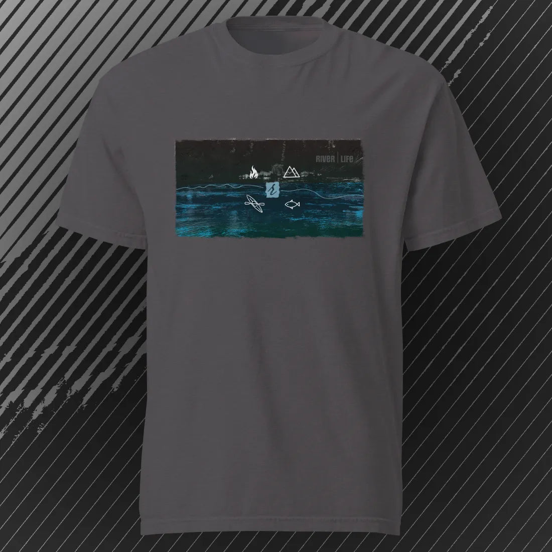 River Life – Tee Shirt | Graphite | by AbstractRiver. Perfect for adventure seekers, weekend warriors, nature lovers and kayakers