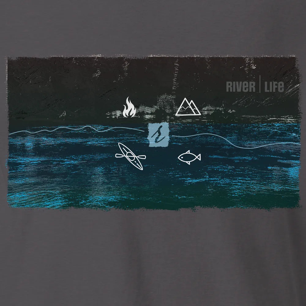River Life – Tee Shirt | Graphite | by AbstractRiver. Perfect for weekend warriors, hikers, adventure seekers and explorers