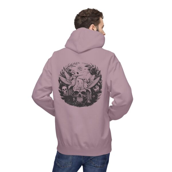 Vintage pink hoodie for men and women, featuring dark ink floral skull pattern
