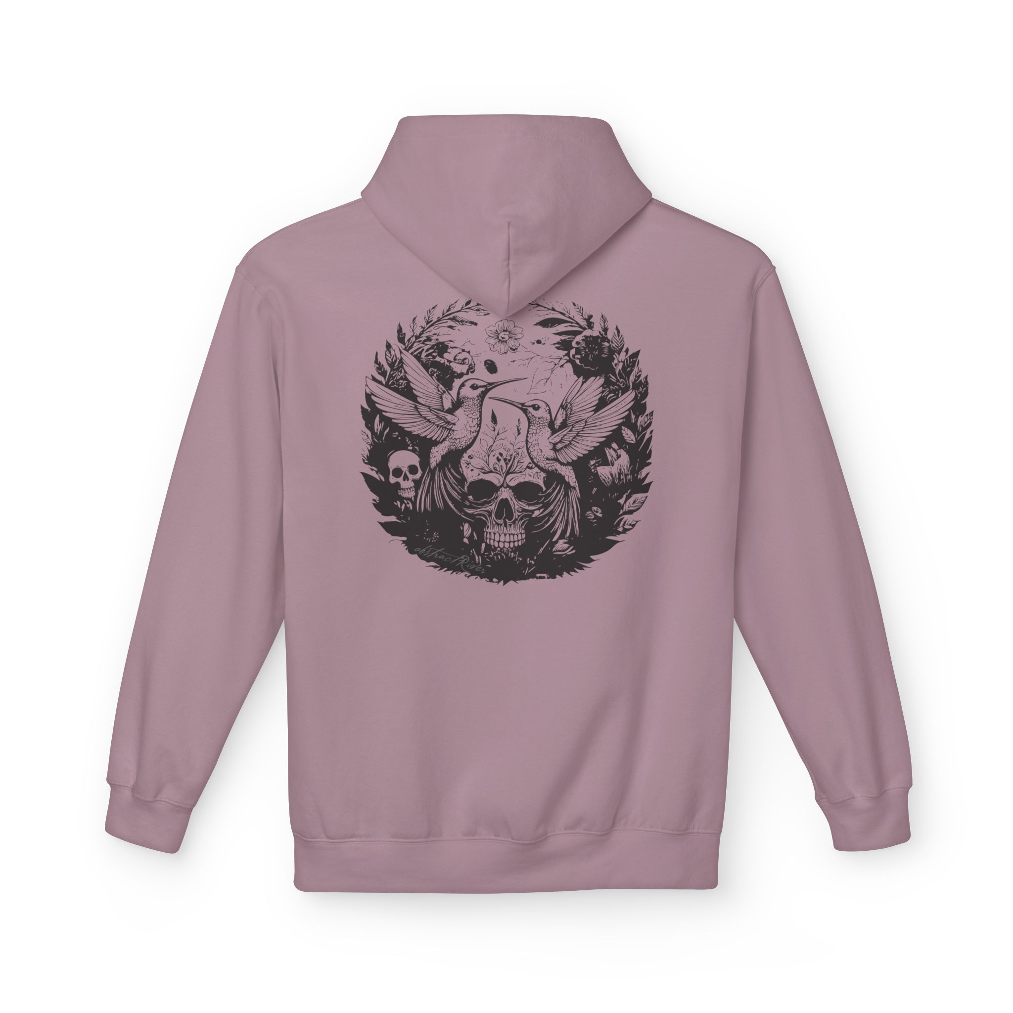 Vintage pink hoodie for men and women, featuring dark ink floral skull pattern, fresh new apparel by AbstractRiver