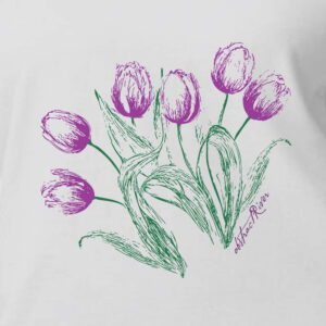 Ladies pink casual tee with purple tulips, fresh spring fashion design by AbstractRiver Apparel