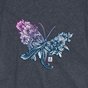 Womens causal vintage t-shirt style, featuring a unique butterfly floral pattern with a purple gradient.