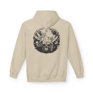 Sand colored hoodie for men and women, featuring dark ink floral skull pattern, fresh new apparel by AbstractRiver