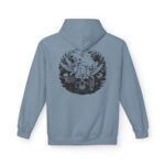Vintage blue hoodie for men and women, featuring dark ink floral skull pattern